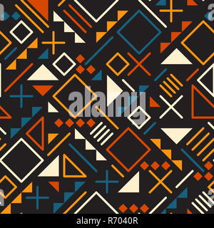 Vector Seamless Retro 80 s Jumble Geometric Line Shapes Teal Orange Color Pattern on Black Background Stock Photo