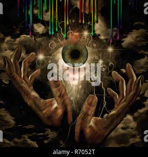 Surreal painting. Hands prays to the God's eye. Colorful drops. Stock Photo