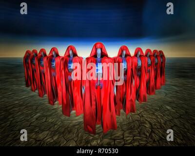 Surrealism. Army of androids in red cloaks. Stock Photo