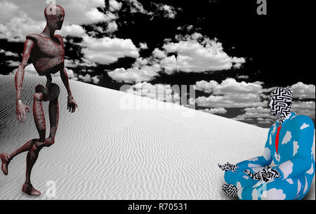 Surrealism. Rusted robot and figure of man in lotus pose in white desert. Stock Photo