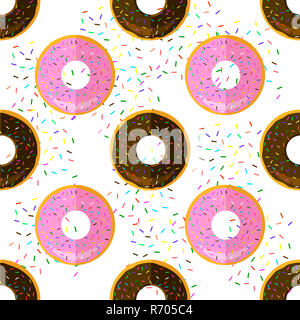 Sweet Glazed Colorful Donut Seamless Pattern on Sprinkles Background. Fast Food Texture Stock Photo