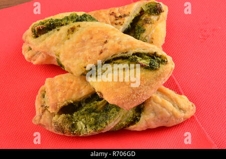 Crackers with tuna salad on wooden plate Stock Photo