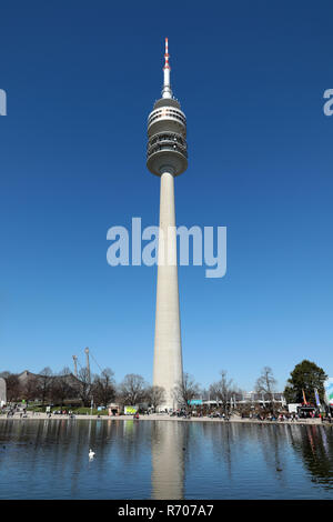 olympic lake with the olympic tower in munich Stock Photo