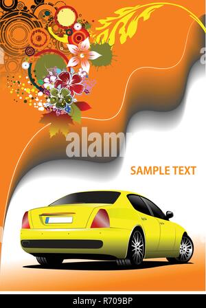 Floral background with yellow car image. Vector illustration. Invitation card Stock Vector
