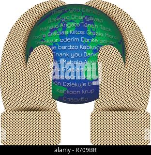 International Thank You Day. Hands in knitted mittens hold a planet Earth. The word Thank you in different languages Stock Vector