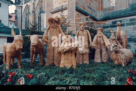 Traditional straw Christmas Nativity scene in traditional setting on first advent, bethlehem Christmas scenery Stock Photo