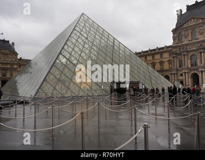 07 December 2018, France (France), Paris: No visitors stand in front of the pyramid in the courtyard of the Louvre Museum, which houses Leonardo da Vinci's Mona-Lisa. The world-famous museum will remain closed on Saturday because of the protests in the capital. Photo: Christian Böhmer/dpa Stock Photo