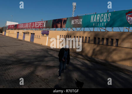 Guadalajara, Spain. 07th Dec, 2018. The streaming content company Netflix  chooses the municipal soccer field of the Spanish city of Guadalajara to  promote the third season of Narcos, its successful series on