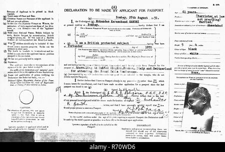 Mahatma Gandhi passport application form for his travel to Europe to attend Round Table Conference, London, England, UK, 28 August 1931, old vintage 1900s picture Stock Photo