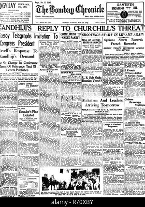 Mahatma Gandhi news on front page of The Bombay Chronicle, June 19, 1945, old vintage 1900s picture Stock Photo