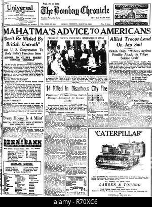 Mahatma Gandhi news on front page of The Bombay Chronicle newspaper, August 30, 1945, old vintage 1900s picture Stock Photo