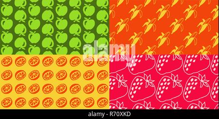 Seamless Patterns - Hand drawn icons - Fruits - Apple, Banana, Orange, Strawberry Stock Vector