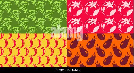 Seamless Patterns - Hand drawn icons - Vegetables -  Broccoli, Tomatoe, Pepper, Egg plant Stock Vector