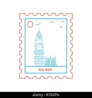 BIG BEN postage stamp Blue and red Line Style, vector illustration Stock Vector