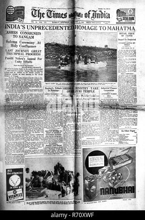 Mahatma Gandhi assassinated homage, Times of India newspaper, first page, Bombay, India, 14 February 1948, old vintage 1900s picture