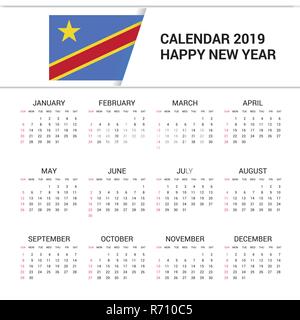 Calendar 2019 Democratic Republic of the Congo Flag background. English language Stock Vector