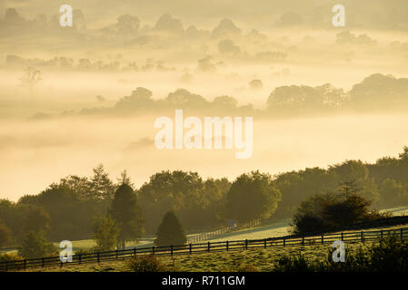 Long-distance, foggy, early morning view over scenic rural Wharfedale, the valley shrouded in mist or fog - near Ilkley, West Yorkshire, England, UK. Stock Photo