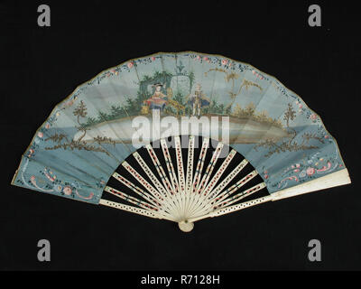 Folding fan with bone frame and two-sided multi-colored paper fan blade showing the gallant scene of lady and gentleman in the garden, folding fan impeller clothing accessory women's clothing clothes leg paper wood paint varnish metal copper ivory, result 140 ° impeller blade 13.0 hand part, support part, support part w 0.6 - 0.4 textile painted cut Folding fan with frame of non-contiguous legs of carved and painted leg Fan blade of paper double painted on blue ground with one representation of glued fastening. Fourteen carved and colorful painted and varnished legs inside legs with wooden sup Stock Photo
