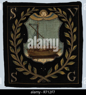 Blazon of black cloth with application depicting two boats, blazon coat of arms information form wool cotton linen burlap? silk gold silver metal, textile sheet woven embroided appliqué embroided with gold and silver thread on black cloth Shield above cherub cup two ship man who creates grain from one ship in the other with grain shovel. Letters Round shield laurel wreath embroided in every corner letter: S V S G heraldry Bag carrier guilds Stock Photo