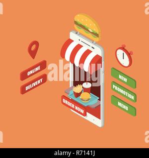 Online fast food order and delivery concept, giant isometric smartphone with burger, french fries and cold drink serving on tray, shop, counter, big s Stock Vector