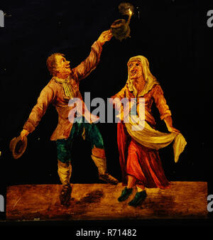 Hand-painted glass for illumination cabinet with dancing man and woman, slideshelf slideshare images glass paint paper, Hand-painted square glass plate for illumination cabinet on the left and right side with two strips of thick paper. Image of dancing old man and woman The man holds up with his left hand burning oil lamp optics folk life Stock Photo