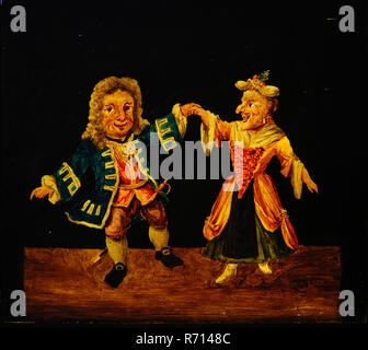 Hand-painted glass for illumination cabinet with dancing man and woman, slideshelf slideshare images glass paint paper, Hand-painted square glass plate for illumination cabinet on the left and right side with two strips of thick paper. Image of dancing man with ugly old woman with hooked nose: the man wearing wig rapier and blue jacket with wide cuffs; the woman an expensive dress and hat with floral optics humor Stock Photo