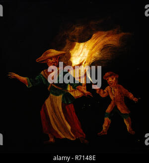 Hand-painted glass for illumination cabinet with boy, woman and carrying basket, slide slide diapositive image glass paint paper, Hand-painted square glass plate for illumination box on the left and right side with two strips of thick paper. Image of boy who has fired carrier of woman: probably following on plate 34503.5 optics humor Stock Photo