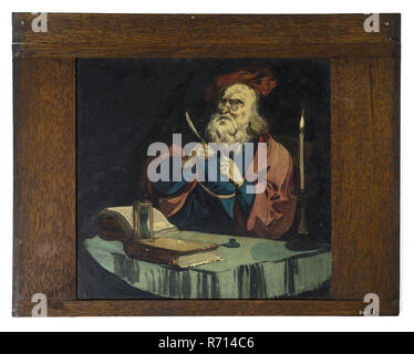 Hand-painted glass shelf in wooden frame for illumination cabinet, picture of scholar with pen-feather, books and hourglass, slideshelf slide picture glass paint wood oak leg, dimensions) handpainted Hand-painted glass plate for illumination cabinet in wide oak frame The frame is rejuvenated on the sides and shows wear and discolouration: the plates were pushed into an illumination cabinet from above. At the back left and right above two small legs fastening points for the illumination cabinet. Image of man of age with glasses and beard seated behind table on which number of books an inkpot ca Stock Photo