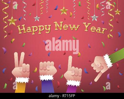 Four hands forming number 2019 in colorful suits to celebrate Happy New Year with hanging gold, silver ribbon, stars and colorful confetti on red back Stock Vector