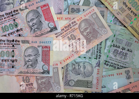 Indian rupee bills with portrait of Gandhi Stock Photo