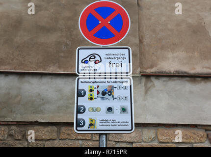 Traffic signs, no-parking zone, charging station for electric cars, operating instructions, Meissen, Saxony, Germany Stock Photo