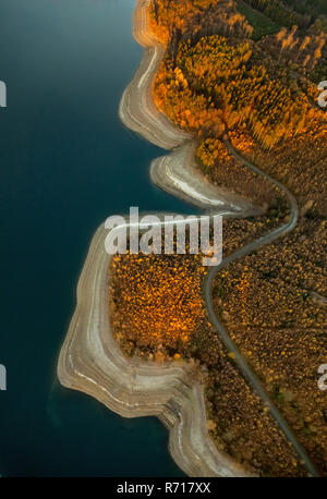 Aerial view, Sorpesee reservoir, Sorpetalsperre, low water level, low water due to drought, wide dry shore area Stock Photo