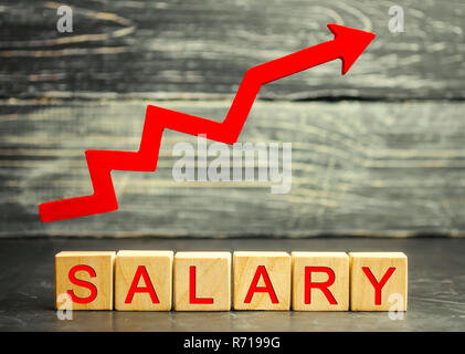 The inscription salary and the red arrow up. increase of salary, wage rates. promotion, career growth. raising the standard of living. increase profit Stock Photo