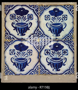 Square tile field, four tiles, floral decor, blue on white, Chinese flowerpot in braces with meanders, tiled field wall tile tile sculpture ceramic earthenware glaze, baked 2x glazed painted Stock Photo