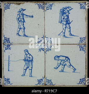 Tile field, four tiles, figure decor, blue on white, various games and one peddler, corner pattern ox head, tile field wall tile tile footage ceramic earthenware glaze, baked 2x glazed painted Stock Photo