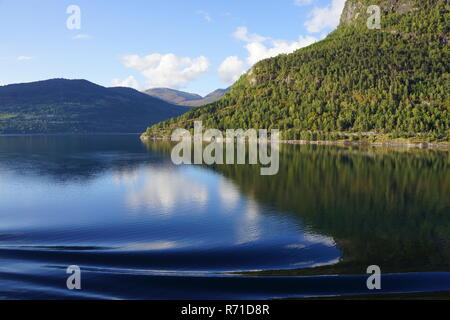 Norwegian Fjord view from cruise ship arriving into Flam Stock Photo