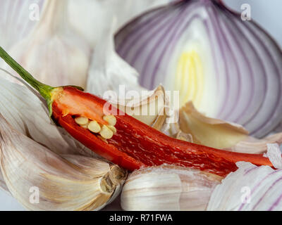 Cloves of garlic and chili pepper. Stock Photo