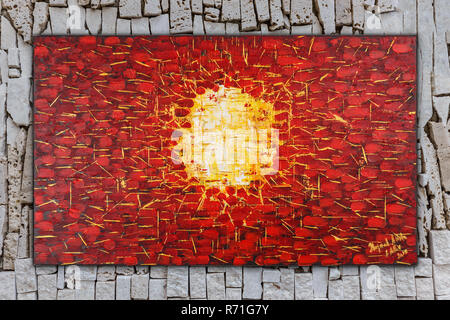 Birth, Abstract oil painting on canvas painted by Attila Hajnal, hanging on stone wall background Stock Photo
