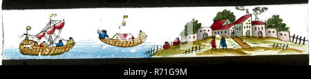 Hand-painted lantern plate with village and seascape, slide plate diapositive footage glass paper, Hand-painted slide with top and bottom edges of white-red checkered paper. Image of village on hill by the sea two ships optics magic lantern magic lantern toy project Stock Photo