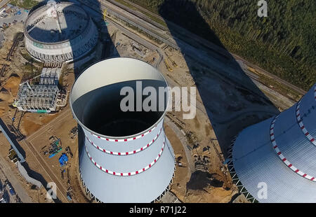 Aerial survey of a nuclear power plant under construction. Installation and construction of a power plant. Nuclear power Stock Photo