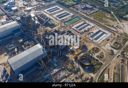 Aerial survey of a nuclear power plant under construction. Installation and construction of a power plant. Nuclear power Stock Photo