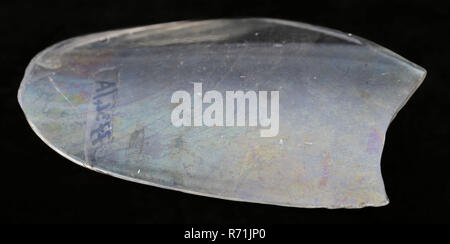 Two fragments of chalice or beakers, clear glass, drinking glass drinking utensils tableware holder fragment soil find glass, blown Wall fragments of chalice or beakers. Fragment clear glass with low curvature coming from large chalice Fragment thicker glass with oily discolouration due to iridescence Seems to come from cylindrical glass possibly even from bottle of archeology Valckensteyn Poortugaal Albrandswaard drink wine serve serving Soil discovery: castle Valckensteyn in Poortugaal now Albrandswaard 1961-1962. Stock Photo