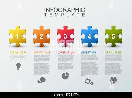 Vector puzzle Infographic report template made from colorful jigsaw pieces, icons and description text Stock Vector