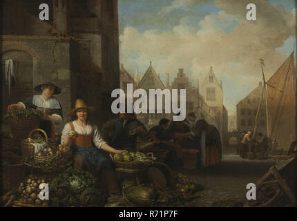 Hendrick Martensz Sorgh, The vegetable market, cityscape painting art oil painting wood gold plaster, Oil on panel lying rectangular format. Left of the middle saleswoman with straw hat in the middle of baskets with tubers apples artichokes coal carrots onions melon fruits etc. Two colleagues man and woman flank her. Against the background building To the right of them group of two women and man trading: it is settled. To the right of this view to clearing and the arch of bridge To the right of this group of three people above the goods bent. In the lower right corner side-wheeled wheelbarrow  Stock Photo