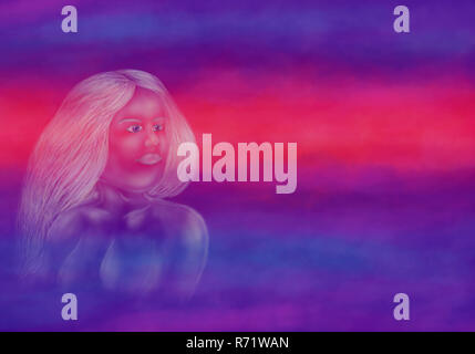 an abstract painting Illustration of a ghost like enigmatic young woman with long hair smiling in front of a colorful background, one image of my self created series Magic Woman, 2018. You can use the empty space to add your text. Stock Photo