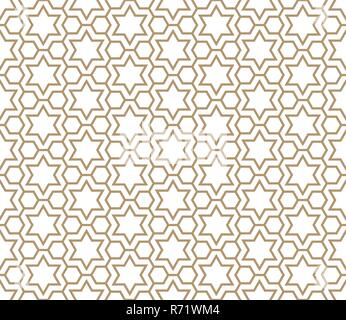 Seamless pattern in golden and white in average thickness lines.The six-pointed stars and hexagons. Stock Vector