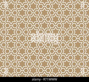 Seamless pattern in golden background and white pattern in average thickness lines.The six-pointed stars and hexagons. Stock Vector