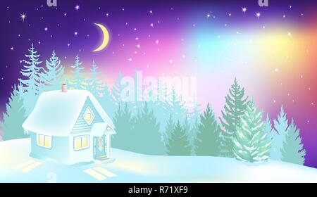 Northern Lights over winter forest and house. Stock Vector