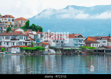 Ohrid old city reflecting in Lake Ohrid, Macedonia Stock Photo