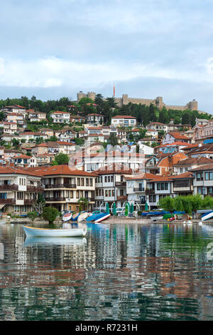 Ohrid old city reflecting in Lake Ohrid, Macedonia Stock Photo